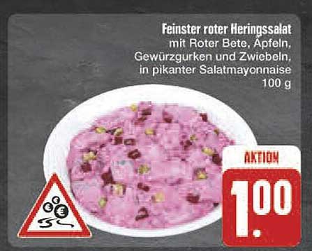 Feinster roter Heringssalat mit Roter Bete, Apfel, Gewürzgurken und Zwiebeln, in pikantem Salatmayonnaise 100 g