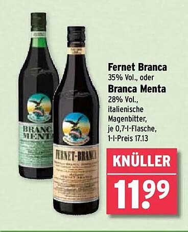 Fernet Branca 35% Vol. oder Branca Menta 28% Vol., je 0,7-l-Flasche