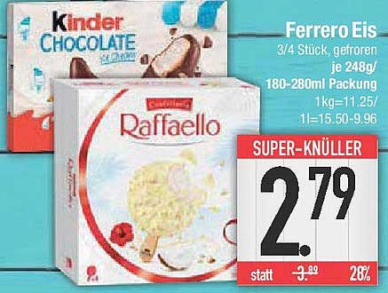 Ferrero Eis - Kinder Chocolate und Raffaello 3/4 Stück, gefroren je 248g