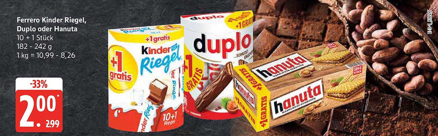 Ferrero Kinder Riegel, Duplo oder Hanuta 10 + 1 Stück