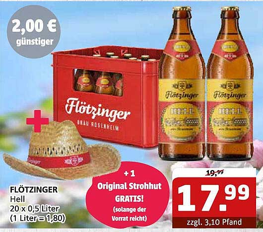FLÖTZINGER Hell 20 x 0,5 Liter mit GRATIS Original Strohhut