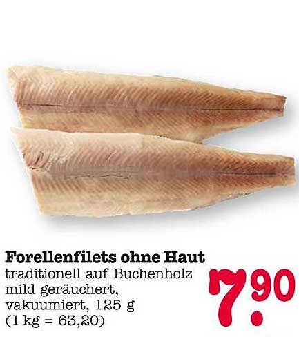 Forellenfilets ohne Haut, traditionell auf Buchenholz, mild geräuchert, vakuumiert, 125 g