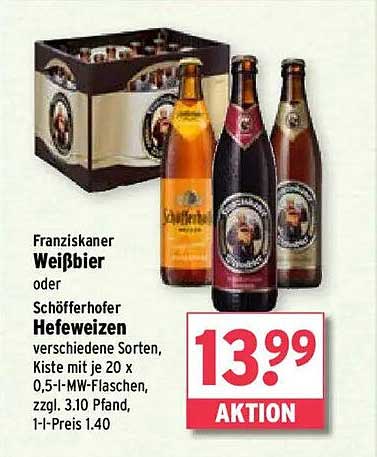 Franziskaner Weißbier oder Schofferhofer Hefeweizen 20 x 0,5 l Kiste