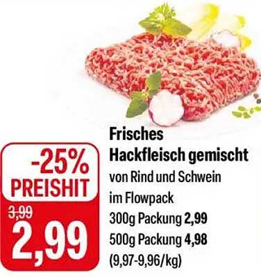 Frisches Hackfleisch gemischt von Rind und Schwein im Flowpack