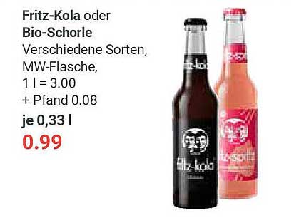 Fritz-Kola oder Bio-Schorle, 0,33 l