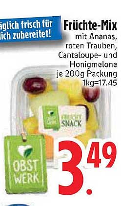Früchte-Mix mit Ananas, roten Trauben, Cantaloupe- und Honigmelone 200g