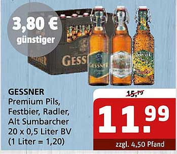 GESSNER Premium Pils, Festbier, Radler, Alt Sumbarcher 20 x 0,5 Liter BV