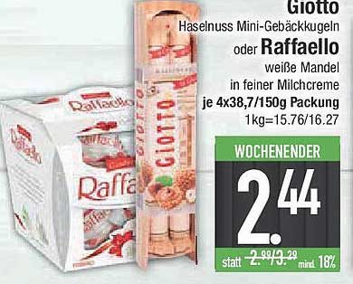 Giotto Haselnuss Mini-Gebäckkugeln oder Raffaello weiße Mandel in feiner Milchcreme