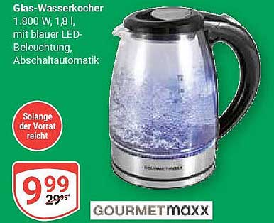 Glas-Wasserkocher 1.800 W, 1,8 l, mit blauer LED-Beleuchtung, Abschaltautomatik