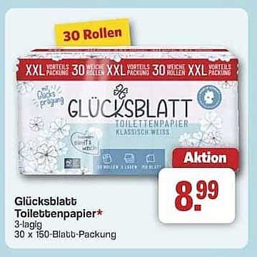 Glücksblatt Toilettenpapier - 30 Rollen, 3-lagig