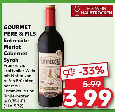 GOURMET PÈRE & FILS Entrecôte Merlot Cabernet Syrah Halb-trockener Rotwein
