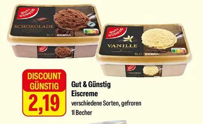 Gut & Günstig Eiscreme, verschiedene Sorten, gefroren, 1l Becher