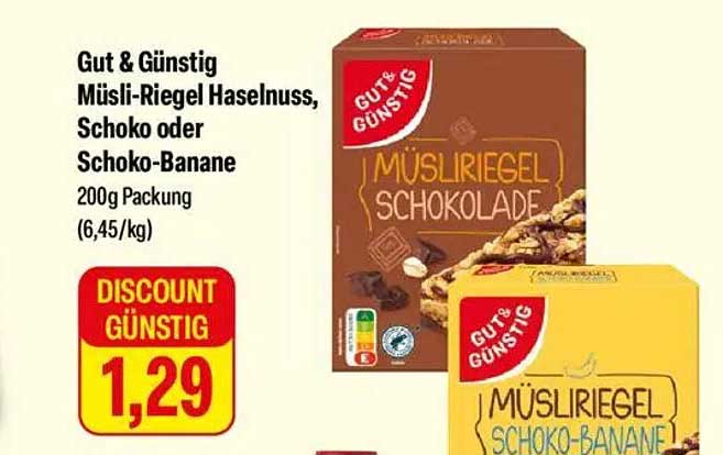 Gut & Günstig Müsliriegel Haselnuss, Schoko oder Schoko-Banane 200g Packung