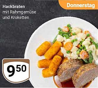 Hackbraten mit Rahmgemüse und Kroketten