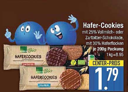 Hafer-Cookies mit 25% Vollmilch- oder Zartbitter-Schokolade, 200g Packung