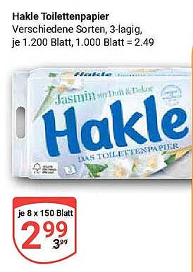 Hakle Toilettenpapier, Verschiedene Sorten, 3-lagig, je 1.200 Blatt, 1.000 Blatt = 2,49