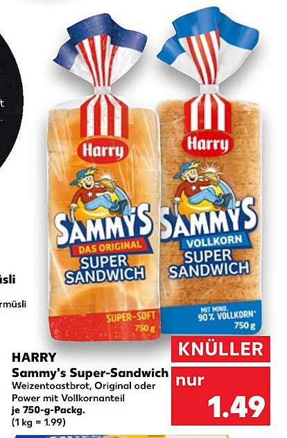 Harry Sammy's Super-Sandwich, Weizentoastbrot, Original oder Power mit Vollkornanteil 750-g-Pack.