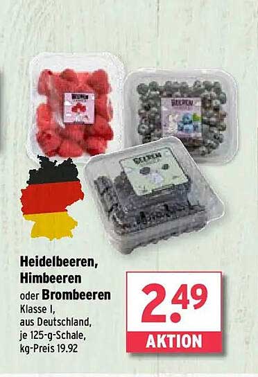 Heidelbeeren, Himbeeren oder Brombeeren - Klasse I aus Deutschland, je 125-g-Schale