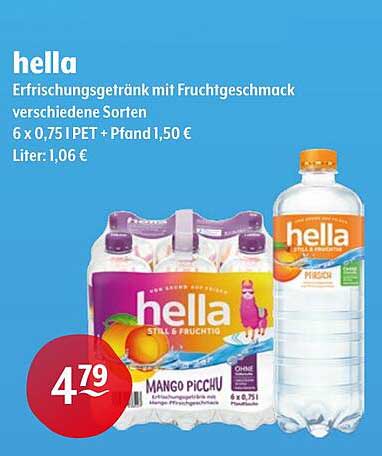 hella Erfrischungsgetränk mit Fruchtgeschmack, 6 x 0,75 l PET