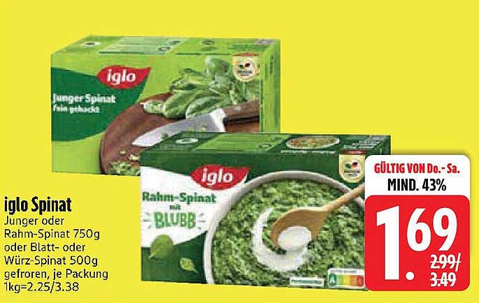 iglo Spinat Jung oder Rahm-Spinat 750g oder Blatt- oder Würz-Spinat 500g gefroren