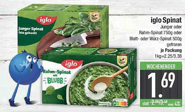 iglo Spinat - Junge oder Rahm-Spinat 750g oder Blatt- oder Würz-Spinat 500g gefroren