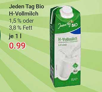 Jeden Tag Bio H-Vollmilch 1,5 % oder 3,8 % Fett je 1 l