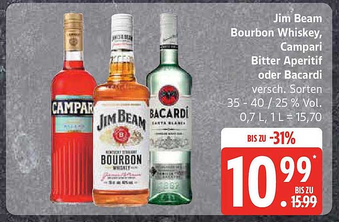 Jim Beam Bourbon Whiskey, Campari Bitter Aperitif oder Bacardi - vielseitige Sorten