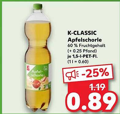 K-CLASSIC Apfelschorle 60% Fruchtgehalt (+ 0,25 Pfand)