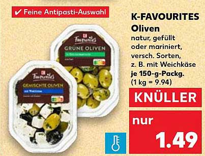 K-FAVOURITES Oliven natur, gefüllt oder mariniert, verschiedene Sorten