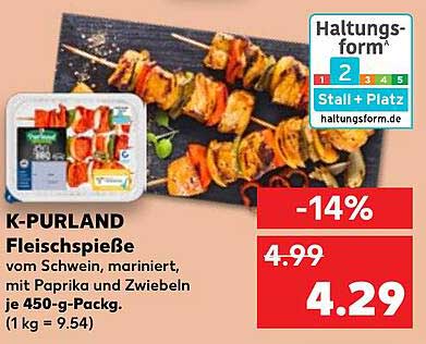K-PURLAND Fleischspieße vom Schwein, mariniert, mit Paprika und Zwiebeln je 450-g-Pack.