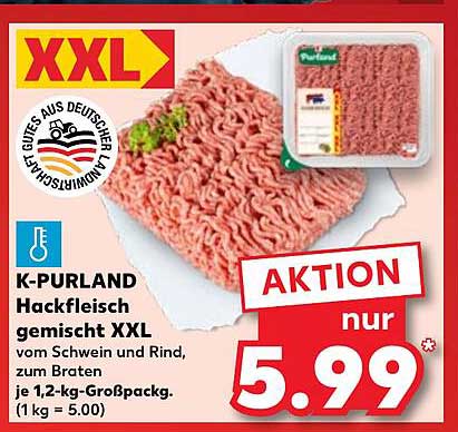 K-PURLAND Hackfleisch gemischt XXL vom Schwein und Rind, zum Braten