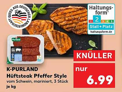 K-PURLAND Hüftsteak Pfeffer Style vom Schwein, mariniert, 3 Stück je kg