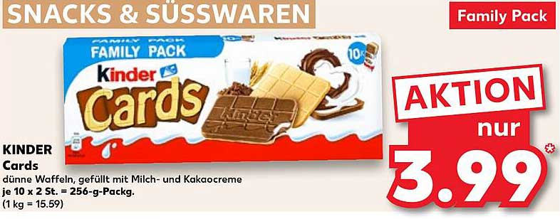 KINDER Cards – düne Waffeln, gefüllt mit Milch- und Kakaocreme, Family Pack