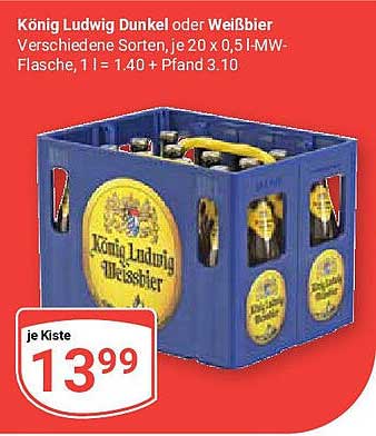 König Ludwig Dunkel oder Weißbier – Kiste mit 20 x 0,5 l MW-Flasche