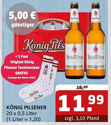 KÖNIG PILSENER 20 x 0,5 Liter + GRATIS Tennissocken