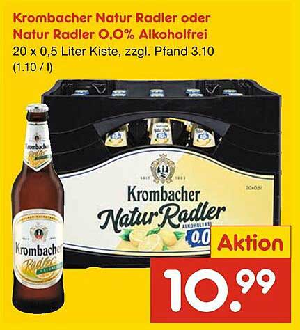 Krombacher Natur Radler oder Natur Radler 0,0% Alkoholfrei - 20 x 0,5 Liter Kiste