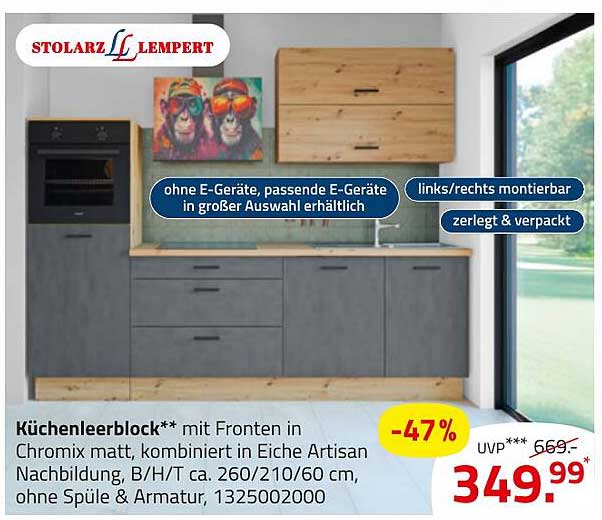 Küchenleerblock mit Fronten in Chromix matt, kombiniert in Eiche Artisan Nachbildung