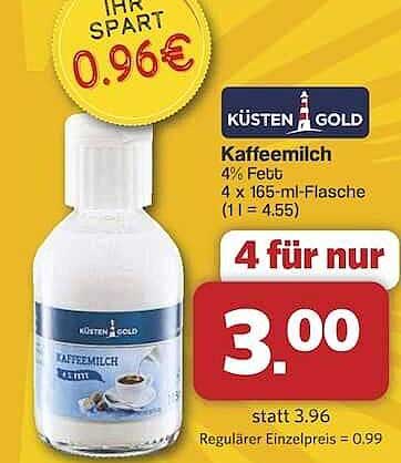 Küsten Gold Kaffeemilch 4% Fett, 4 x 165 ml-Flasche
