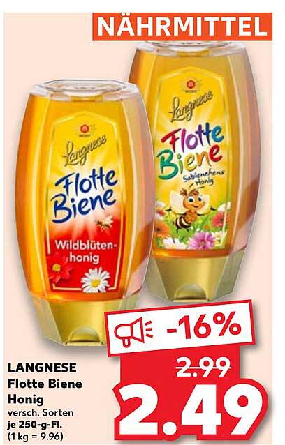 LANGNESE Flotte Biene Honig - Wildblütenhonig und Sommerhonig - 250 g-Flasche