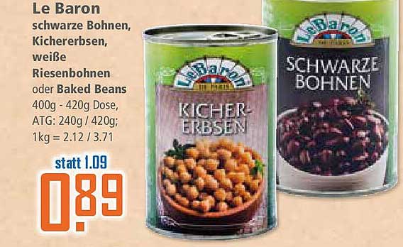 Le Baron schwarze Bohnen, Kichererbsen, weiße Riesenbohnen oder Baked Beans 400g - 420g Dose