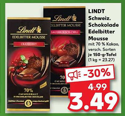 LINDT Schweiz. Schokolade Edelbitter Mousse mit 70 % Kakao, versch. Sorten je 150-g-Tafel (1 kg = 23.27)