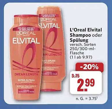 L'Oreal Elvital Shampoo oder Spülung 250/300 ml - 20% Rabatt!