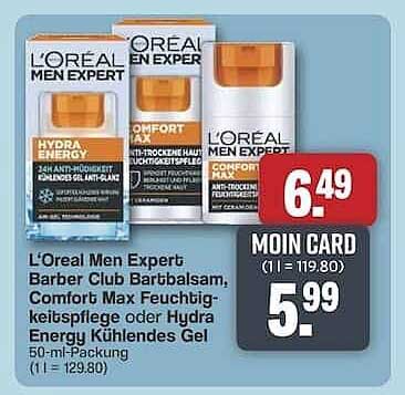 L’Oréal Men Expert: Barber Club Barbalsam, Comfort Max Feuchtigkeitspflege oder Hydra Energy Kühlendes Gel 50-ml-Packung