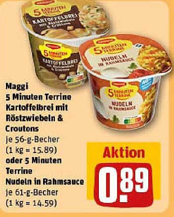 Maggi 5 Minuten Terrine Kartoffelbrei mit Röstzwiebeln & Croutons oder 5 Minuten Terrine Nudeln in Rahmsauce