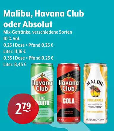 Malibu, Havana Club oder Absolut – Mix-Getränke, verschiedene Sorten