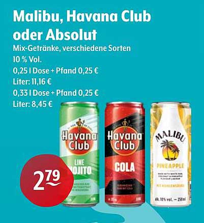 Malibu, Havana Club oder Absolut Mix-Getränke, verschiedene Sorten
