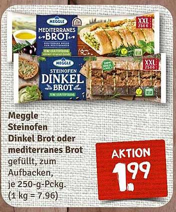 Meggle Steinofen Dinkel Brot oder mediterranes Brot gefüllt, zum Aufbacken, je 250-g-Pckg.