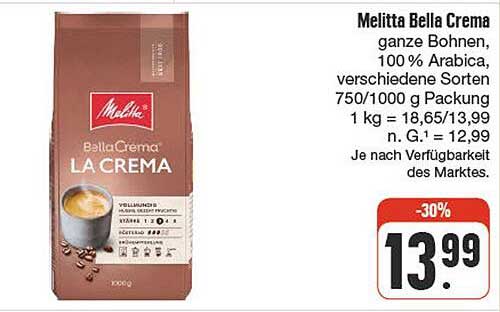 Melitta Bella Crema ganze Bohnen, 100 % Arabica, verschiedene Sorten 750/1000 g Packung