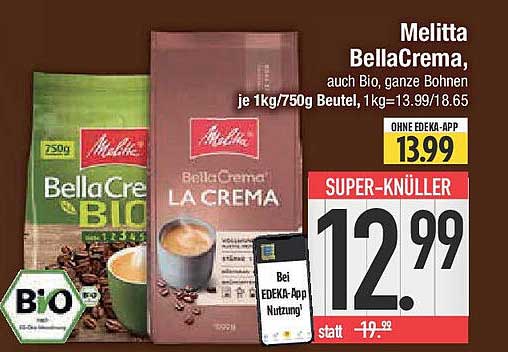 Melitta BellaCrema, auch Bio, ganze Bohnen je 1kg/750g Beutel