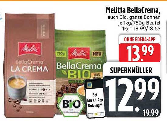 Melitta BellaCrema, auch Bio, ganze Bohnen je 1kg/750g Beutel